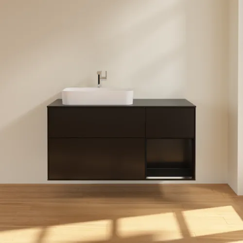 VILLEROY BOCH Toaletní skříňka Finion, s osvětlením, 3 výsuvy, 1200 x 603 x 501 mm, černý matný lak / černý matný lak / černé matné sklo #F402PDPD, obrázek 2