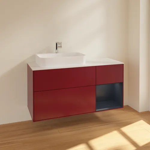 VILLEROY BOCH Toaletní skříňka Finion, s osvětlením, 3 výsuvy, 1200 x 603 x 501 mm, Pivoňka matný lak / Půlnoční modrá matný lak / Sklo bílé matné #F401HGHB, obrázek 2