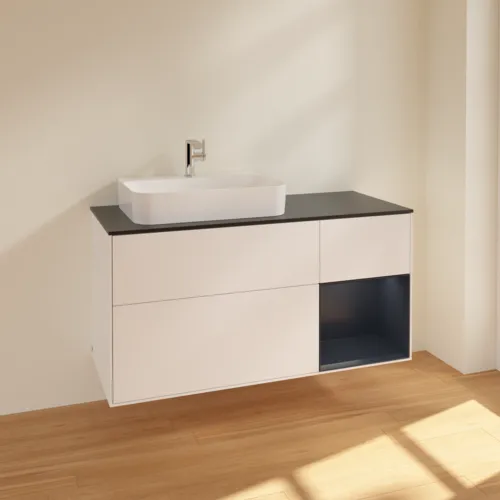 VILLEROY BOCH Toaletní skříňka Finion, s osvětlením, 3 výsuvy, 1200 x 603 x 501 mm, bílý matný lak / půlnoční modrý matný lak / černé matné sklo #F402HGMT, obrázek 2
