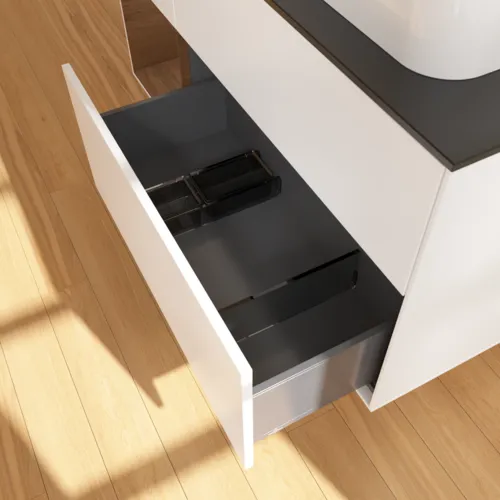 VILLEROY BOCH Toaletní skříňka Finion, s osvětlením, 3 výsuvy, 1200 x 603 x 501 mm, bílý matný lak / ořechová dýha / černé matné sklo #F392GNMT, obrázek 7
