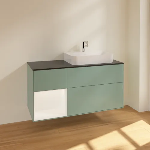 VILLEROY BOCH Toaletní skříňka Finion, s osvětlením, 3 výsuvy, 1200 x 603 x 501 mm, olivový matný lak / bílý matný lak / černé matné sklo #F392MTGM, obrázek 2