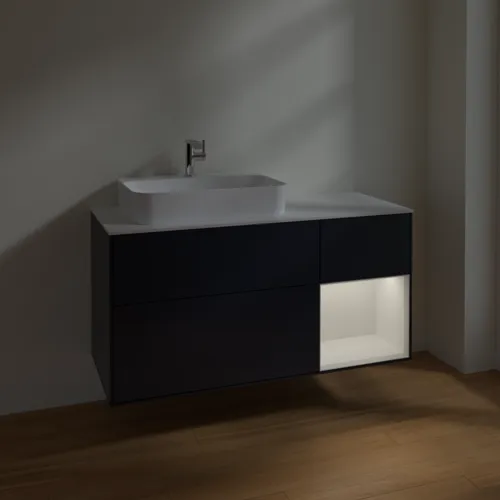 VILLEROY BOCH Toaletní skříňka Finion, s osvětlením, 3 výsuvy, 1200 x 603 x 501 mm, Midnight Blue Matt Lacquer / Glossy White Lacquer / Glass White Matt #F401GFHG, obrázek 5