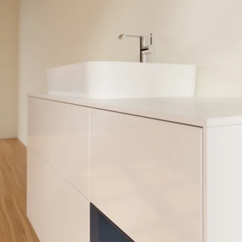 VILLEROY BOCH Toaletní skříňka Finion, s osvětlením, 3 výsuvy, 1200 x 603 x 501 mm, lesklý bílý lak / půlnoční modrý matný lak / bílé matné sklo #F401HGGF, obrázek 6