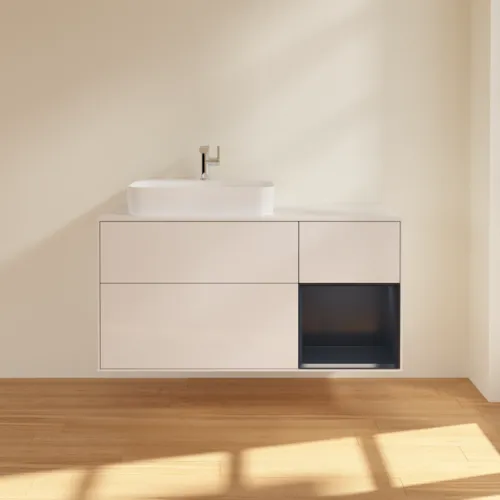 VILLEROY BOCH Toaletní skříňka Finion, s osvětlením, 3 výsuvy, 1200 x 603 x 501 mm, lesklý bílý lak / půlnoční modrý matný lak / bílé matné sklo #F401HGGF, obrázek 3