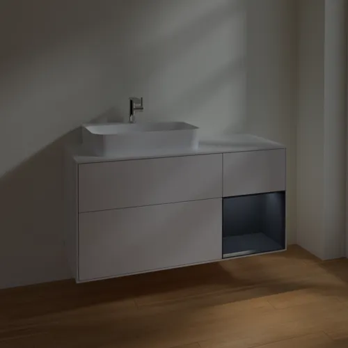 VILLEROY BOCH Toaletní skříňka Finion, s osvětlením, 3 výsuvy, 1200 x 603 x 501 mm, lesklý bílý lak / půlnoční modrý matný lak / bílé matné sklo #F401HGGF, obrázek 5