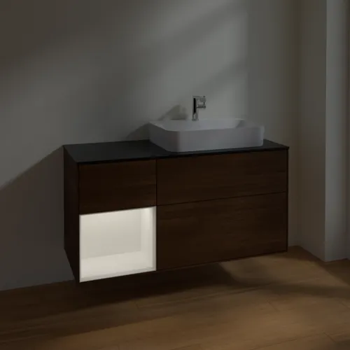 VILLEROY BOCH Toaletní skříňka Finion, s osvětlením, 3 výsuvy, 1200 x 603 x 501 mm, ořechová dýha / bílý matný lak / černé matné sklo #F392MTGN, obrázek 5