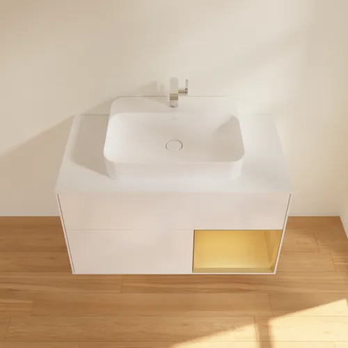 VILLEROY BOCH Toaletní skříňka Finion, s osvětlením, 2 výsuvy, 1000 x 603 x 501 mm, lesklý bílý lak / zlatý matný lak / bílé matné sklo #F371HFGF, obrázek 4