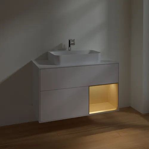 VILLEROY BOCH Toaletní skříňka Finion, s osvětlením, 2 výsuvy, 1000 x 603 x 501 mm, lesklý bílý lak / zlatý matný lak / bílé matné sklo #F371HFGF, obrázek 5
