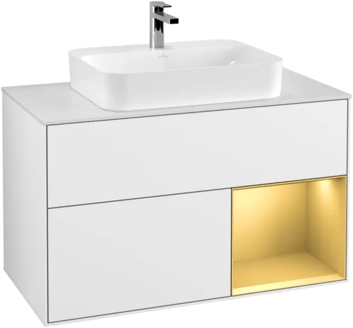 VILLEROY BOCH Toaletní skříňka Finion, s osvětlením, 2 výsuvy, 1000 x 603 x 501 mm, lesklý bílý lak / zlatý matný lak / bílé matné sklo #F371HFGF