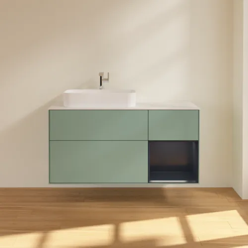 VILLEROY BOCH Toaletní skříňka Finion, s osvětlením, 3 výsuvy, 1200 x 603 x 501 mm, olivový matný lak / půlnoční modrý matný lak / bílé matné sklo #F401HGGM, obrázek 3