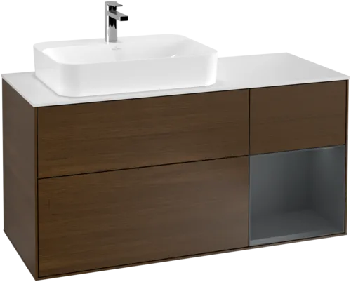VILLEROY BOCH Toaletní skříňka Finion, s osvětlením, 3 výsuvy, 1200 x 603 x 501 mm, ořechová dýha / půlnočně modrý matný lak / sklo bílé matné #F401HGGN