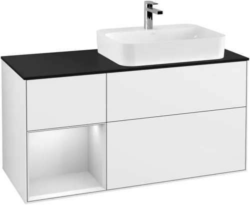 VILLEROY BOCH Toaletní skříňka Finion, s osvětlením, 3 výsuvy, 1200 x 603 x 501 mm, lesklý bílý lak / bílý matný lak / sklo černé matné #F392MTGF