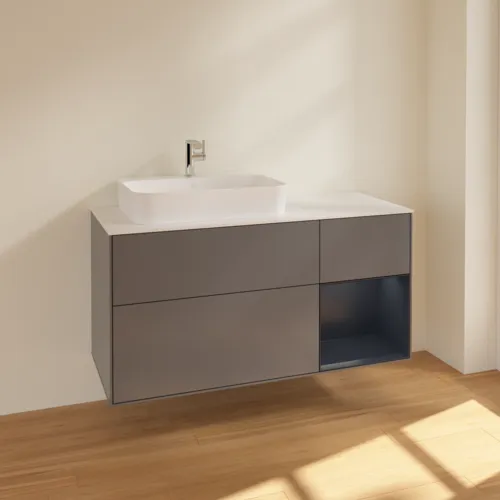 VILLEROY BOCH Toaletní skříňka Finion, s osvětlením, 3 výsuvy, 1200 x 603 x 501 mm, antracitový matný lak / půlnoční modrý matný lak / bílé matné sklo #F401HGGK, obrázek 2