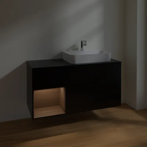 VILLEROY BOCH Toaletní skříňka Finion, s osvětlením, 3 výsuvy, 1200 x 603 x 501 mm, černý matný lak / ořechová dýha / černé matné sklo #F392GNPD, obrázek 5