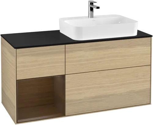 VILLEROY BOCH Toaletní stolek Finion, s osvětlením, 3 výsuvy, 1200 x 603 x 501 mm, dubová dýha / ořechová dýha / sklo černé matné #F392GNPC, obrázek 1