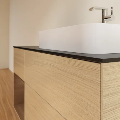 VILLEROY BOCH Toaletní stolek Finion, s osvětlením, 3 výsuvy, 1200 x 603 x 501 mm, dubová dýha / ořechová dýha / sklo černé matné #F392GNPC, obrázek 6