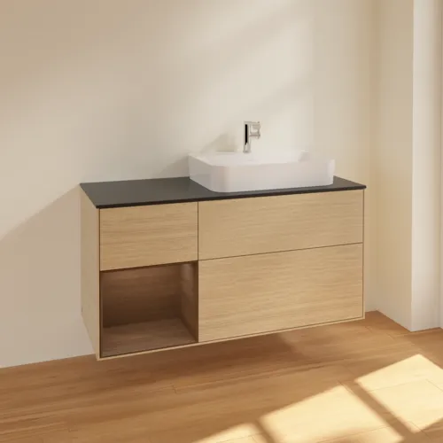 VILLEROY BOCH Toaletní stolek Finion, s osvětlením, 3 výsuvy, 1200 x 603 x 501 mm, dubová dýha / ořechová dýha / sklo černé matné #F392GNPC, obrázek 2
