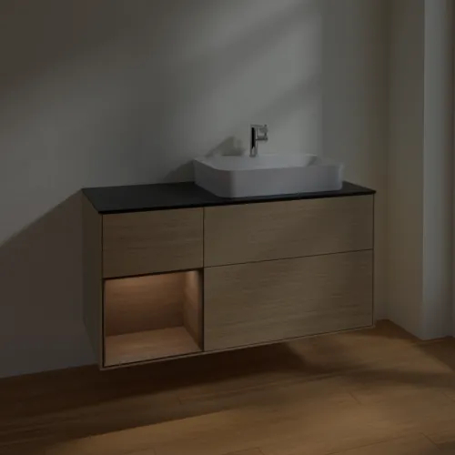 VILLEROY BOCH Toaletní stolek Finion, s osvětlením, 3 výsuvy, 1200 x 603 x 501 mm, dubová dýha / ořechová dýha / sklo černé matné #F392GNPC, obrázek 5