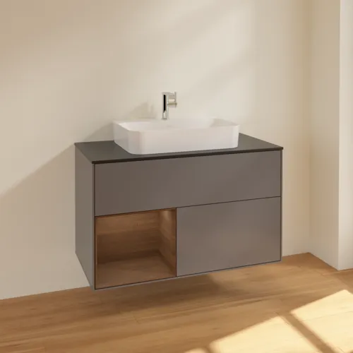 VILLEROY BOCH Toaletní skříňka Finion, s osvětlením, 2 výsuvy, 1000 x 603 x 501 mm, antracitový matný lak / ořechová dýha / černé matné sklo #F362GNGK, obrázek 2