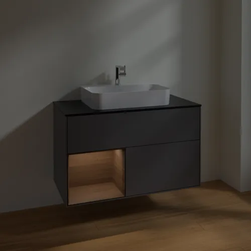 VILLEROY BOCH Toaletní skříňka Finion, s osvětlením, 2 výsuvy, 1000 x 603 x 501 mm, antracitový matný lak / ořechová dýha / černé matné sklo #F362GNGK, obrázek 5