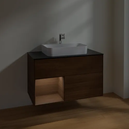 VILLEROY BOCH Toaletní stolek Finion, s osvětlením, 2 výsuvy, 1000 x 603 x 501 mm, ořechová dýha / ořechová dýha / sklo černé matné #F362GNGN, obrázek 5