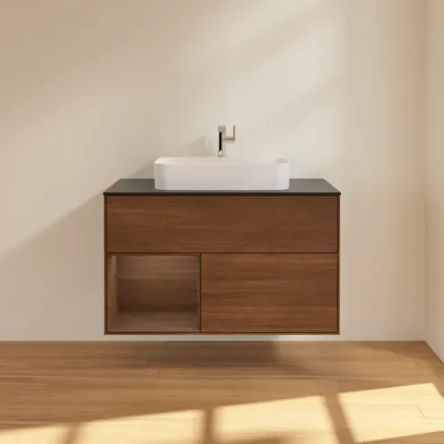 VILLEROY BOCH Toaletní stolek Finion, s osvětlením, 2 výsuvy, 1000 x 603 x 501 mm, ořechová dýha / ořechová dýha / sklo černé matné #F362GNGN, obrázek 3
