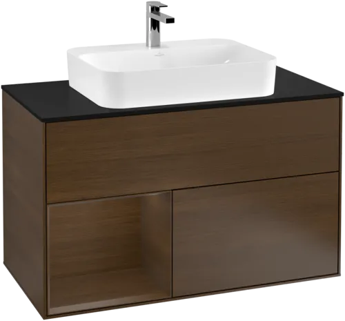 VILLEROY BOCH Toaletní stolek Finion, s osvětlením, 2 výsuvy, 1000 x 603 x 501 mm, ořechová dýha / ořechová dýha / sklo černé matné #F362GNGN