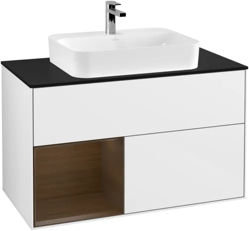 VILLEROY BOCH Toaletní skříňka Finion, s osvětlením, 2 výsuvy, 1000 x 603 x 501 mm, lesklý bílý lak / ořechová dýha / černé matné sklo #F362GNGF