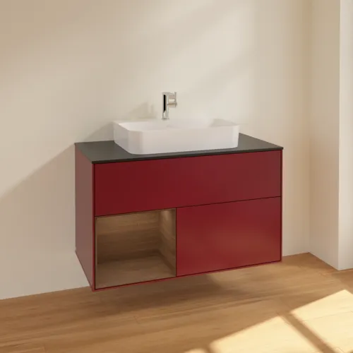 VILLEROY BOCH Toaletní stolek Finion, s osvětlením, 2 výsuvy, 1000 x 603 x 501 mm, matný lak Peony / ořechová dýha / černé matné sklo #F362GNHB, obrázek 2