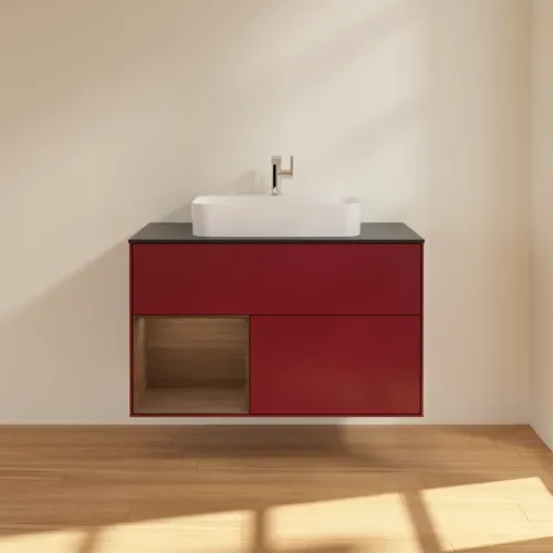 VILLEROY BOCH Toaletní stolek Finion, s osvětlením, 2 výsuvy, 1000 x 603 x 501 mm, matný lak Peony / ořechová dýha / černé matné sklo #F362GNHB, obrázek 3