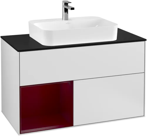 VILLEROY BOCH Toaletní skříňka Finion, s osvětlením, 2 výsuvy, 1000 x 603 x 501 mm, bílý matný lak / pivoňkový matný lak / černé matné sklo #F362HBMT