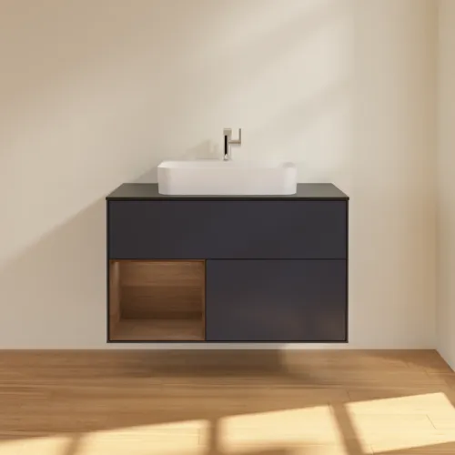 VILLEROY BOCH Toaletní skříňka Finion, s osvětlením, 2 výsuvy, 1000 x 603 x 501 mm, půlnočně modrý matný lak / ořechová dýha / černé matné sklo #F362GNHG, obrázek 3