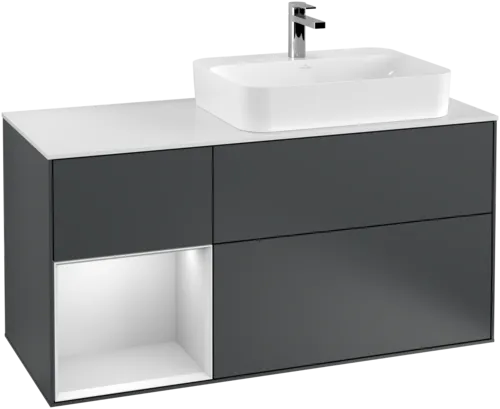 VILLEROY BOCH Toaletní skříňka Finion, s osvětlením, 3 výsuvy, 1200 x 603 x 501 mm, Midnight Blue Matt Lacquer / White Matt Lacquer / Glass White Matt #F391MTHG, obrázek 1