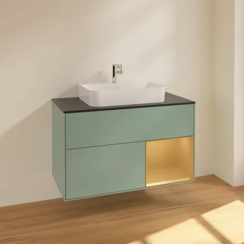 VILLEROY BOCH Toaletní skříňka Finion, s osvětlením, 2 výsuvy, 1000 x 603 x 501 mm, olivový matný lak / zlatý matný lak / černé matné sklo #F372HFGM, obrázek 2
