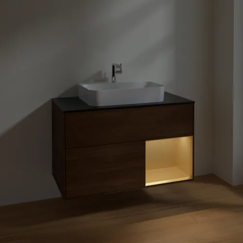 VILLEROY BOCH Toaletní skříňka Finion, s osvětlením, 2 výsuvy, 1000 x 603 x 501 mm, ořechová dýha / zlatý matný lak / černé matné sklo #F372HFGN, obrázek 5