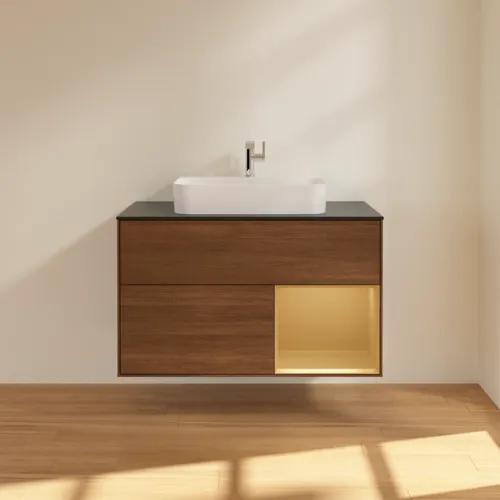 VILLEROY BOCH Toaletní skříňka Finion, s osvětlením, 2 výsuvy, 1000 x 603 x 501 mm, ořechová dýha / zlatý matný lak / černé matné sklo #F372HFGN, obrázek 3