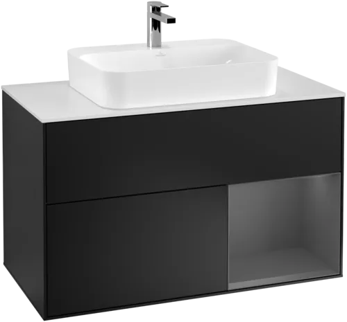 VILLEROY BOCH Toaletní skříňka Finion, s osvětlením, 2 výsuvy, 1000 x 603 x 501 mm, černý matný lak / antracitový matný lak / bílé matné sklo #F371GKPD, obrázek 1