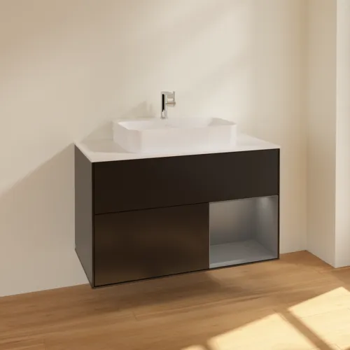 VILLEROY BOCH Toaletní skříňka Finion, s osvětlením, 2 výsuvy, 1000 x 603 x 501 mm, černý matný lak / antracitový matný lak / bílé matné sklo #F371GKPD, obrázek 2