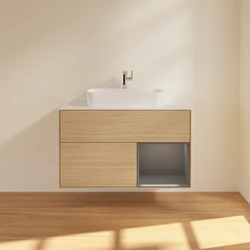 VILLEROY BOCH Toaletní skříňka Finion, s osvětlením, 2 výsuvy, 1000 x 603 x 501 mm, dubová dýha / antracitový matný lak / bílé matné sklo #F371GKPC, obrázek 3