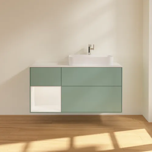 VILLEROY BOCH Toaletní skříňka Finion, s osvětlením, 3 výsuvy, 1200 x 603 x 501 mm, olivový matný lak / bílý matný lak / bílé matné sklo #F391MTGM, obrázek 3