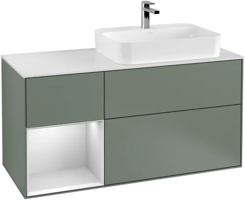 VILLEROY BOCH Toaletní skříňka Finion, s osvětlením, 3 výsuvy, 1200 x 603 x 501 mm, olivový matný lak / bílý matný lak / bílé matné sklo #F391MTGM, obrázek 1