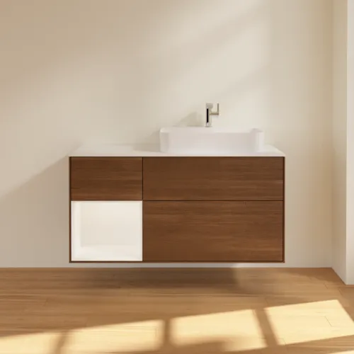 VILLEROY BOCH Toaletní skříňka Finion, s osvětlením, 3 výsuvy, 1200 x 603 x 501 mm, ořechová dýha / bílý matný lak / bílé matné sklo #F391MTGN, obrázek 3
