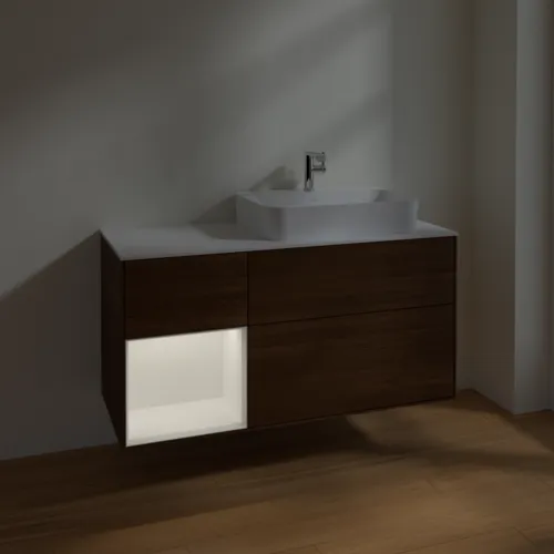 VILLEROY BOCH Toaletní skříňka Finion, s osvětlením, 3 výsuvy, 1200 x 603 x 501 mm, ořechová dýha / bílý matný lak / bílé matné sklo #F391MTGN, obrázek 5