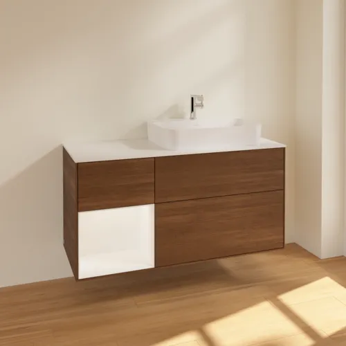VILLEROY BOCH Toaletní skříňka Finion, s osvětlením, 3 výsuvy, 1200 x 603 x 501 mm, ořechová dýha / bílý matný lak / bílé matné sklo #F391MTGN, obrázek 2