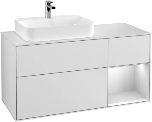 VILLEROY BOCH Toaletní skříňka Finion, s osvětlením, 3 výsuvy, 1200 x 603 x 501 mm, bílý matný lak / bílý matný lak / sklo bílé matné #F401MTMT