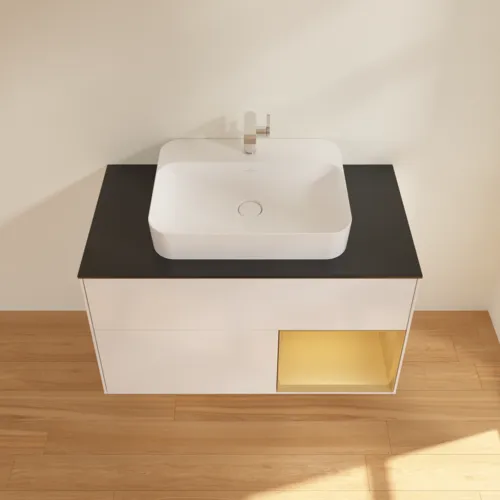 VILLEROY BOCH Toaletní skříňka Finion, s osvětlením, 2 výsuvy, 1000 x 603 x 501 mm, lesklý bílý lak / zlatý matný lak / černé matné sklo #F372HFGF, obrázek 4