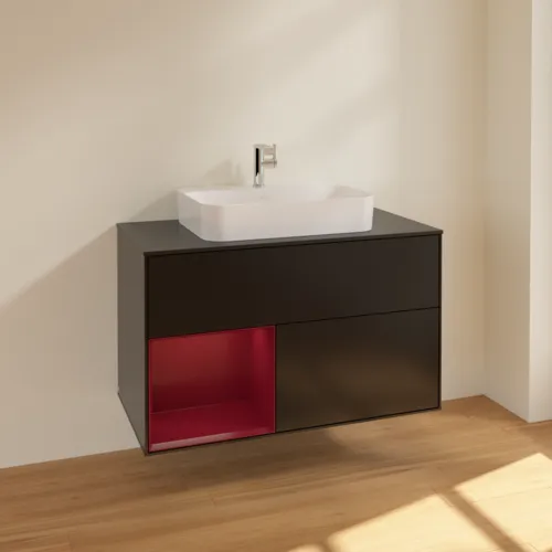 VILLEROY BOCH Toaletní skříňka Finion, s osvětlením, 2 výsuvy, 1000 x 603 x 501 mm, černý matný lak / pivoňkový matný lak / černé matné sklo #F362HBPD, obrázek 2