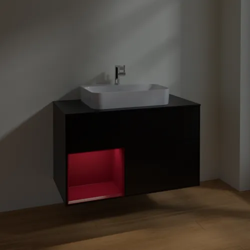 VILLEROY BOCH Toaletní skříňka Finion, s osvětlením, 2 výsuvy, 1000 x 603 x 501 mm, černý matný lak / pivoňkový matný lak / černé matné sklo #F362HBPD, obrázek 5