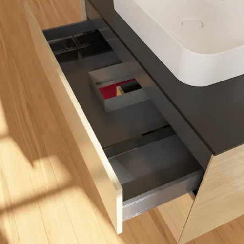 VILLEROY BOCH Toaletní stolek Finion, s osvětlením, 2 výsuvy, 1000 x 603 x 501 mm, dubová dýha / matný lak Pivoňka / matné černé sklo #F362HBPC, obrázek 8