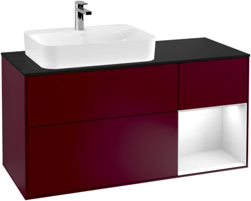 VILLEROY BOCH Toaletní skříňka Finion, s osvětlením, 3 výsuvy, 1200 x 603 x 501 mm, matný lak Peony / lesklý bílý lak / černé matné sklo #F402GFHB, obrázek 1